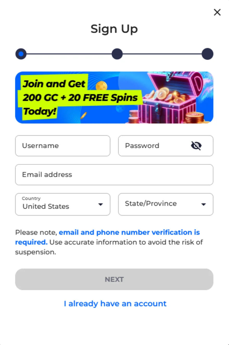 Free Spin sign up menu