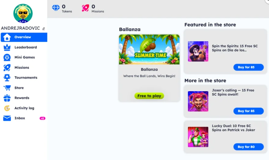Free Spin FunZone menu overview